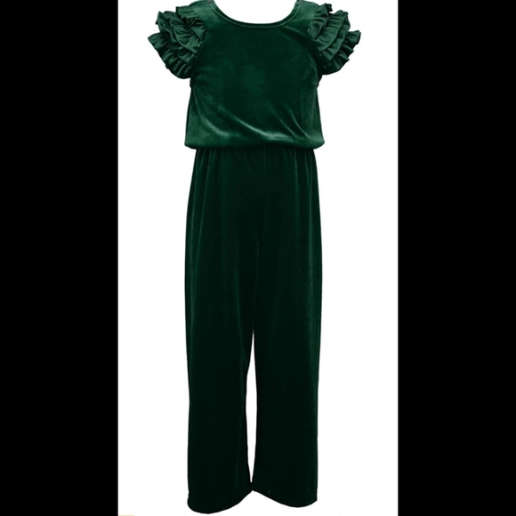 Girls Green crushed velvet ruffle sleeve jumpsuit